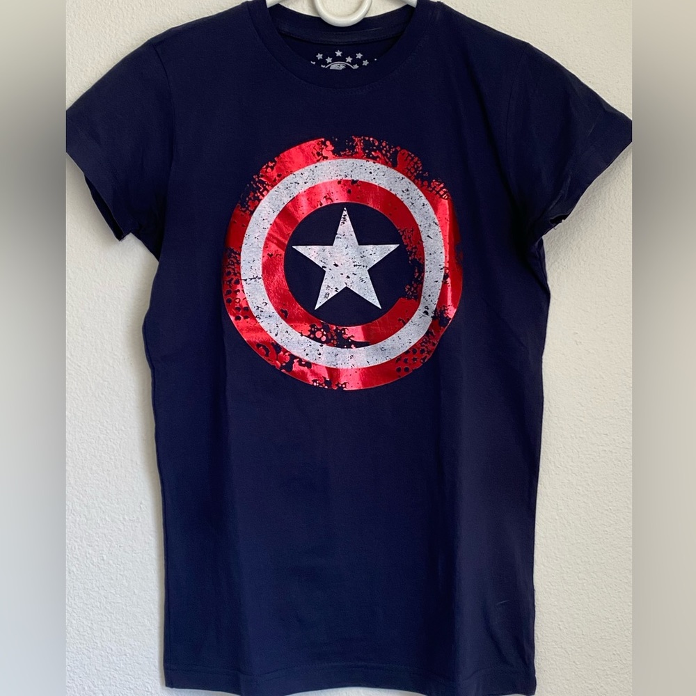 NEW Ladies Captain America Shiny Shield Logo T-shirt Marvel Universal Studios